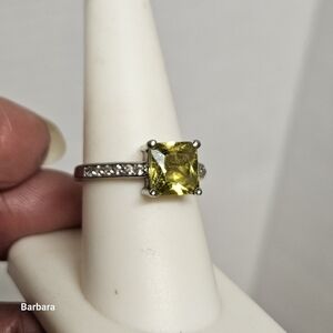 Emerad-cut CZ Lime Green & White Diamond Solitare Statement Dinner Ring, Size 8